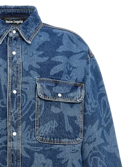 Palm Angels Printed Denim Oversize Shirt In Blue