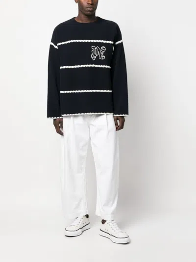 Palm Angels Navy And White Knit Sweater With Paint Monogram Stripes