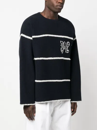 Palm Angels Navy And White Knit Sweater With Paint Monogram Stripes