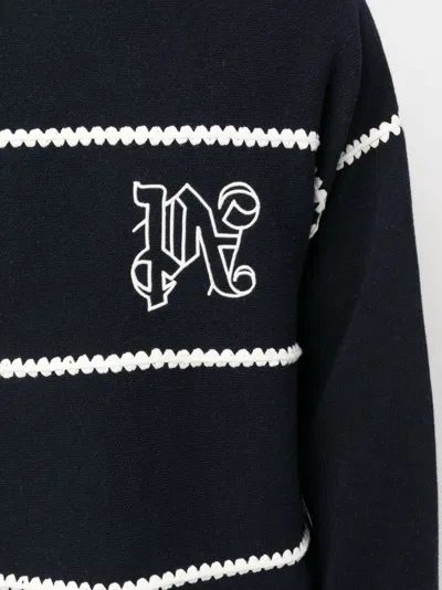 Palm Angels Navy And White Knit Sweater With Paint Monogram Stripes