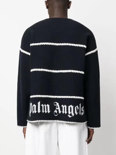 Palm Angels Navy And White Knit Sweater With Paint Monogram Stripes