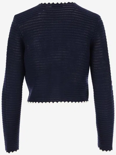 Self-portrait Crochet Knitted Cardigan With Contrasting Profiles In Blue