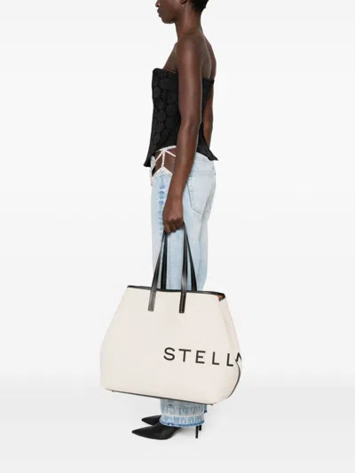 Stella Mccartney Elegant Beige Canvas Logo Print Handbag For Women