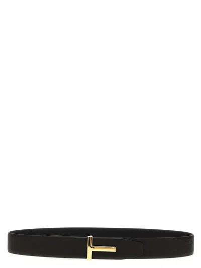 Tom Ford Black Calfskin Leather Belt With Gold T Buckle In Black