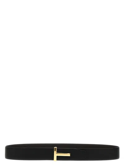 Tom Ford Black Calfskin Leather Belt With Gold T Buckle In Black