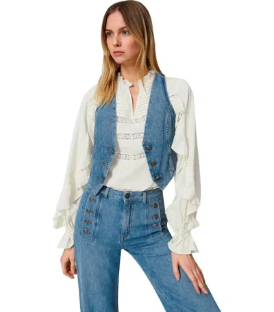 Twinset Woman Tailored Vest Blue Size 4 Cotton