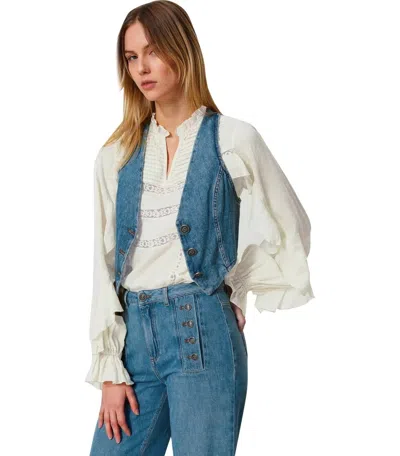 Twinset Woman Tailored Vest Blue Size 4 Cotton