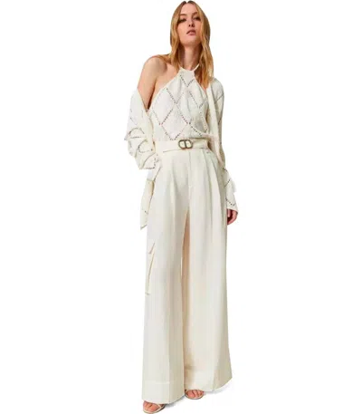 Twinset Off-white Cardigan With Feathers