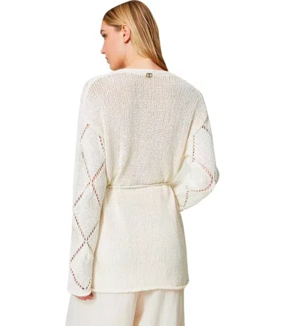Shop Twinset Off White Cardigan With Feathers