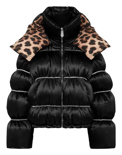 Philipp Plein Down Puffer Jacket Flame With Crystals In Black