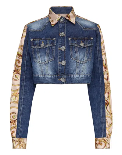 Philipp Plein Baroque-print Cropped Denim Jacket In Multi