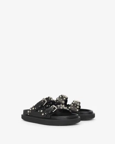 Isabel Marant Lennya Pearly Studded Leather Dual-buckle Sandals In Black And Silver