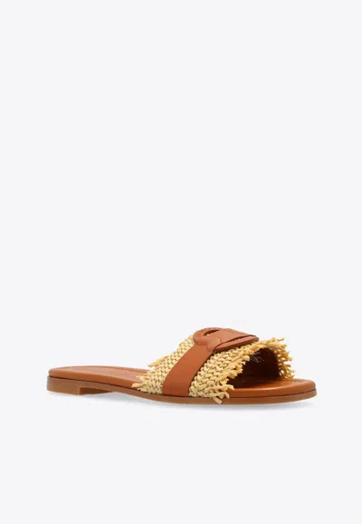 Moncler Bell Raffia  Leather Sliders In Brown