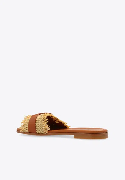 Moncler Bell Raffia  Leather Sliders In Brown