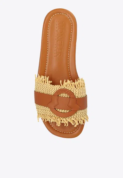Moncler Bell Raffia  Leather Sliders In Brown