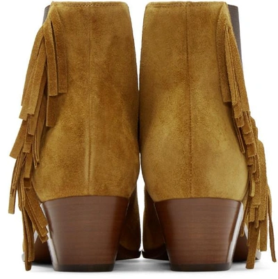 Shop Saint Laurent Tan Suede Fringed Wyatt Boots