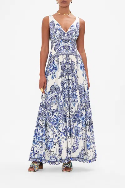 Camilla Glaze And Graze Linen And Silk Maxi Dress In Blue/white