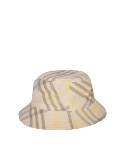 Burberry Beige Check Linen Bucket Hat In Beige