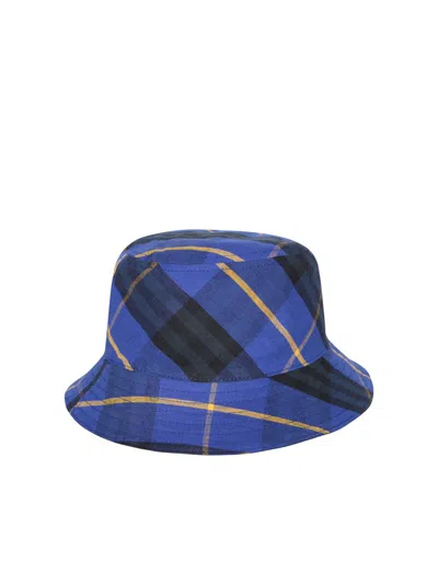 Burberry Blue Checked Linen Bucket Hat In Blue
