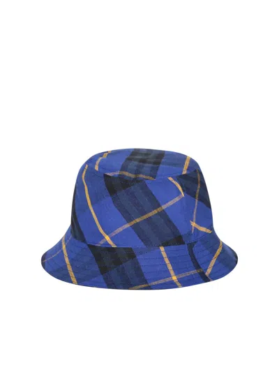 Burberry Blue Checked Linen Bucket Hat In Blue