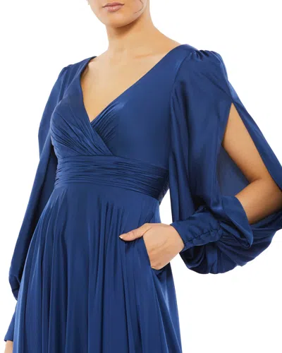 IEENA FOR MAC DUGGAL FLOWY SPLIT BISHOP SLEEVE FAUX WRAP GOWN 