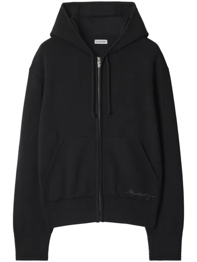 Burberry Logo Embroidered Zip-up Drawstring Hoodie In Black