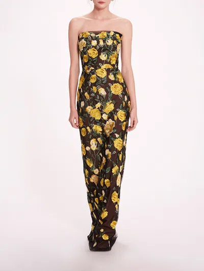 Marchesa Roses Tulle Gown In Yellow Black