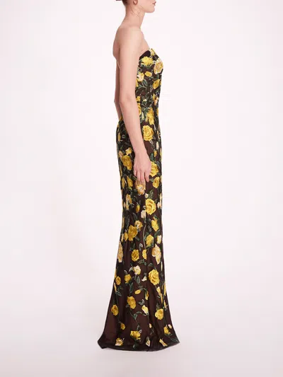 Marchesa Roses Tulle Gown In Yellow Black