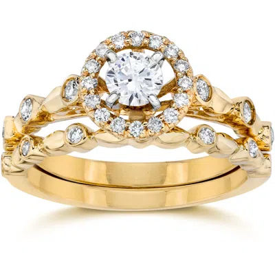 Pompeii3 1/2 Cttw Halo Diamond Engagement Wedding Ring Set 14k Yellow Gold In Multi