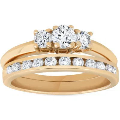 Pompeii3 14k Yellow Gold 1ct Diamond Engagement Wedding Ring Set 3stone Channel Set Round In Multi