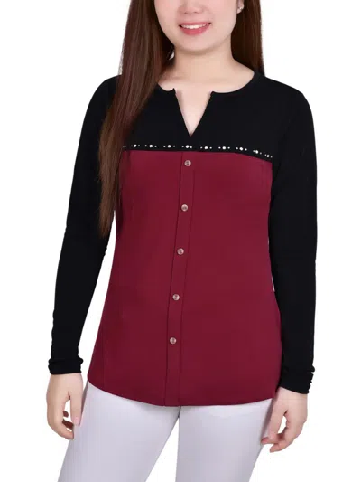 Shop Ny Collection Petites Womens Colorblock Embellished Blouse In Pink