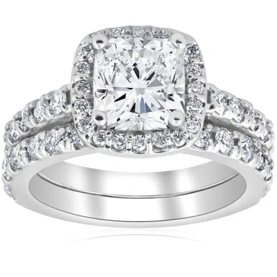 Pompeii3 3 Ct Cushion Halo Diamond Engagement Wedding Ring Set 14k White Gold In Multi