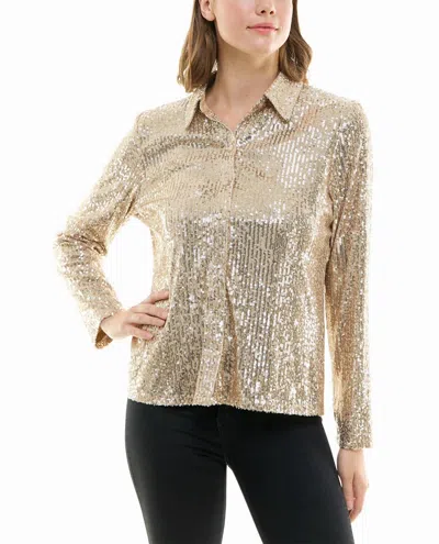 Nicole Miller Nora Sequin Button Front Shirt In Champagne In White