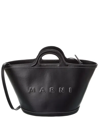 Marni Women Black Leather And Raffia Small Tropicalia Summer Handbag In Black