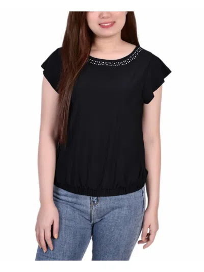 Ny Collection Petites Womens Banded Bottom Embellished Blouse In Black
