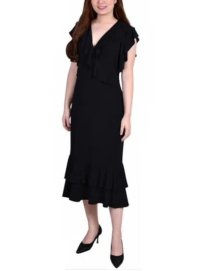 Ny Collection Petites Womens Ruffled A-line Midi Dress In Black