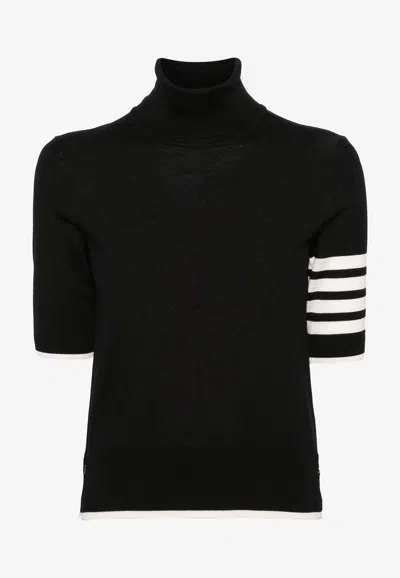 Thom Browne Black Short Sleeve Sweater With 4-bar Detail In Wool Woman In Black