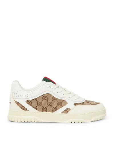 Gucci Re-web Leather And Original Gg Fabric Sneakers In Cream
