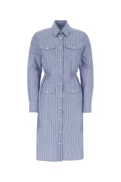 Prada Embroidered Shirt Dress With Pockets And Cinched Waist In Stripped