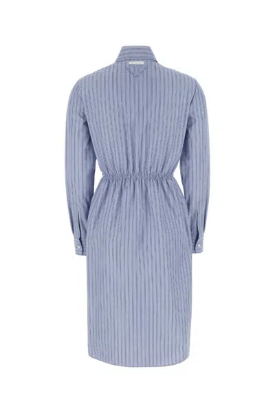 Prada Embroidered Shirt Dress With Pockets And Cinched Waist In Stripped