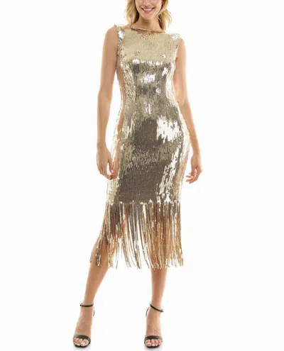Nicole Miller Scarlett Sequin Fringed Sheath Dress In Champagne Gold In Multi
