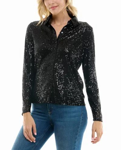 Nicole Miller Nora Sequin Button Front Shirt In Very Black In Black