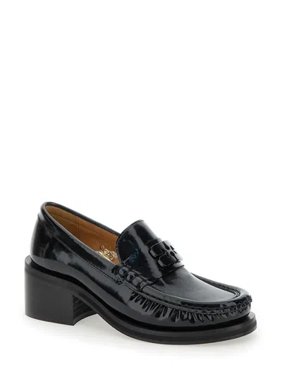 Shop Ganni 'butterfly' Black Loafers With Tonal Logo In Techno Fabric Woman