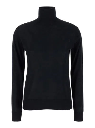 SEMICOUTURE BLACK HIGH NECK PULLOVER WITH RIBBED TRIM IN WOOL WOMAN 