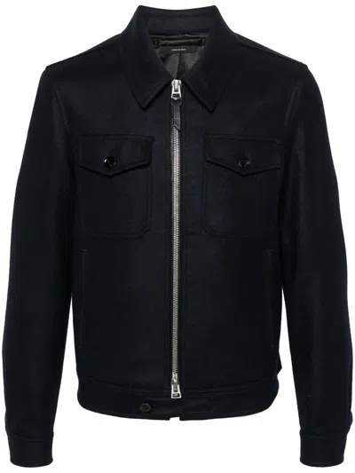 Shop Tom Ford Wool Shirt Jacket With Pockets In Blue