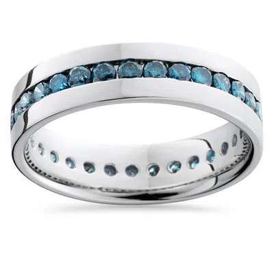 Pompeii3 1 1/5ct Blue Diamond Channel Set Eternity Ring 14k White Gold Comfort Fit In Multi