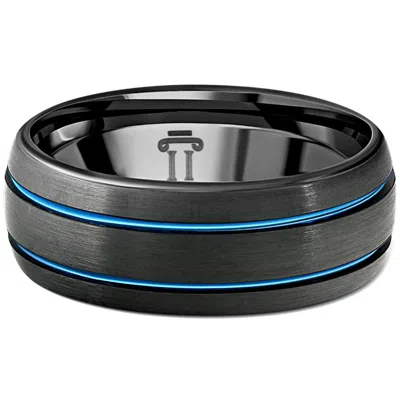 Pompeii3 Men's Black & Blue Two Line Tungsten Ring Brushed Ring 8mm Wedding Band In Multi
