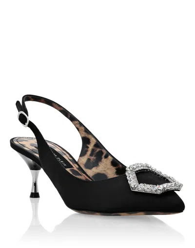 Philipp Plein Satin Decollete Slingback Low Heels Crystal Hexagon In Black