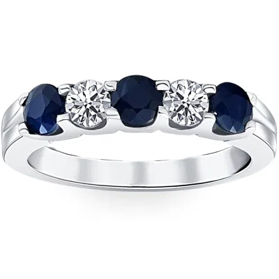 Pompeii3 1 Ct Blue Sapphire Diamond Five Stone Wedding Anniversary Ring 14k White Gold In Multi