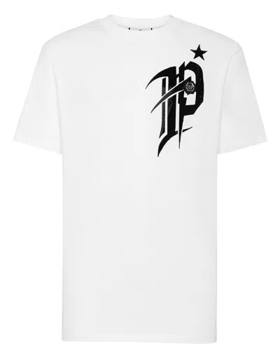 Philipp Plein T-shirt Round Neck Ss Gothic Plein With Crystals In White